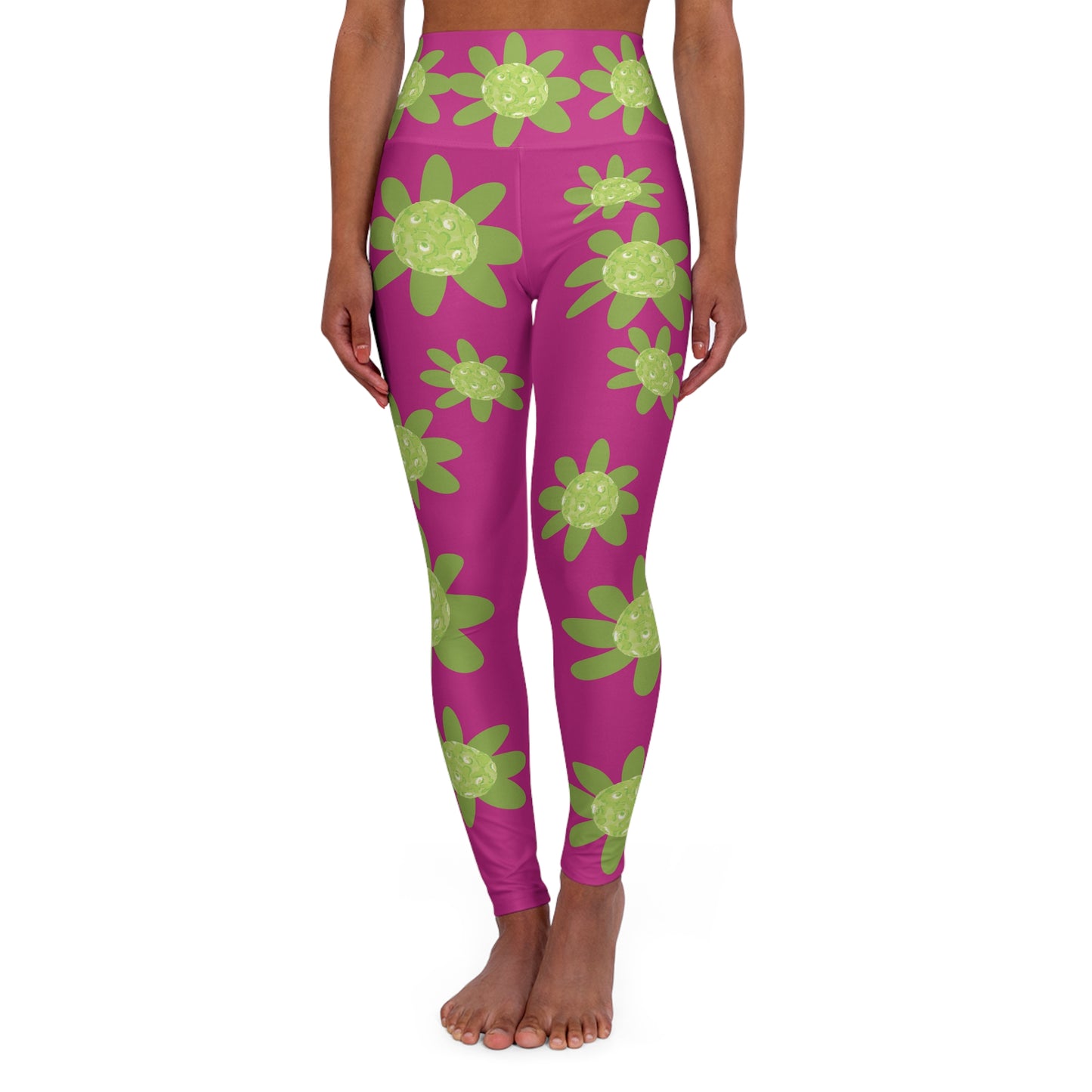 Pink Pickleball Daisy Floral High-Waisted Yoga Leggings, Comfortable Activewear, Flower Print Leggings, Fitness Fashion, Gym Essentials, Yoga Apparel