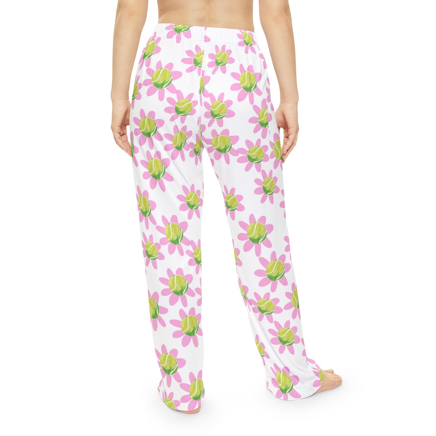 Floral Daisy Tennis Ball Women's Lounge Pajama Pants — Pink & Green All-Over Print
