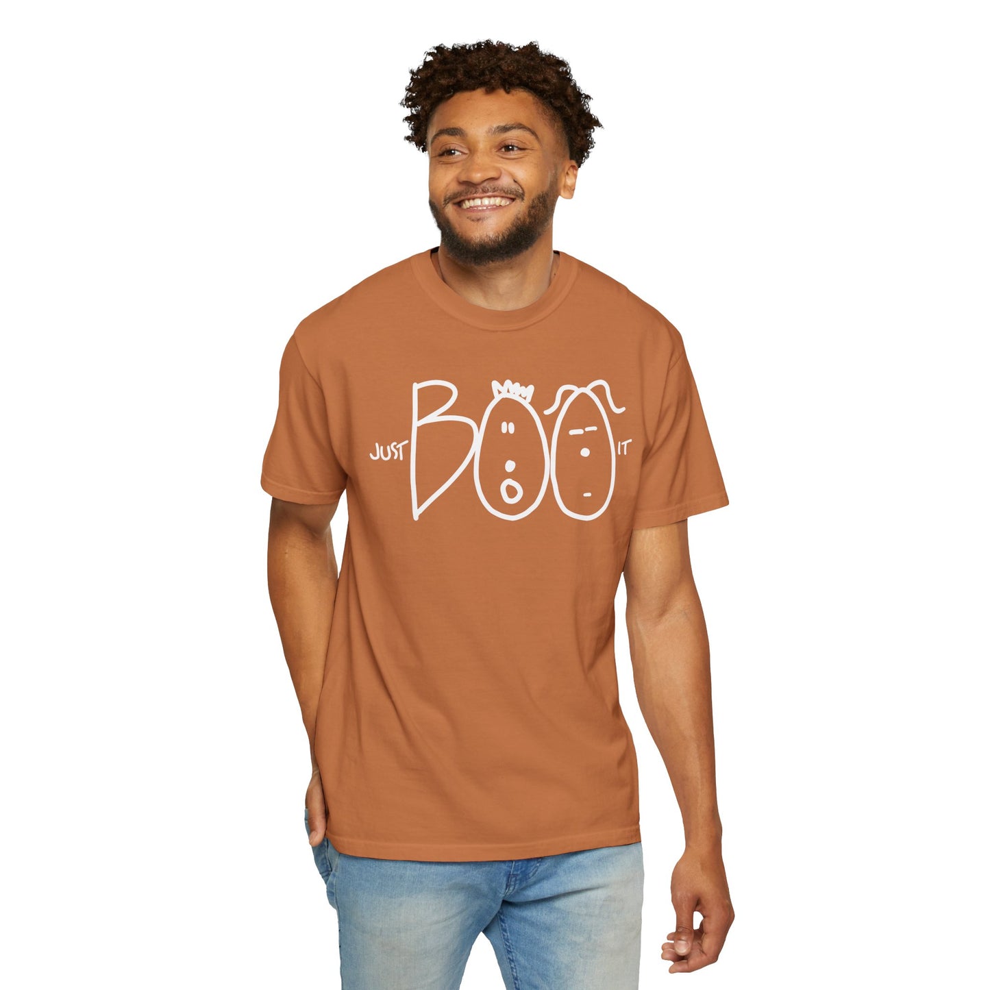 JUST BOO IT....Spooky Unisex Garment-Dyed T-shirt, Halloween Tee, Trendy Graphic Tee, Funny Costume Top, Holiday Apparel, Party Wear