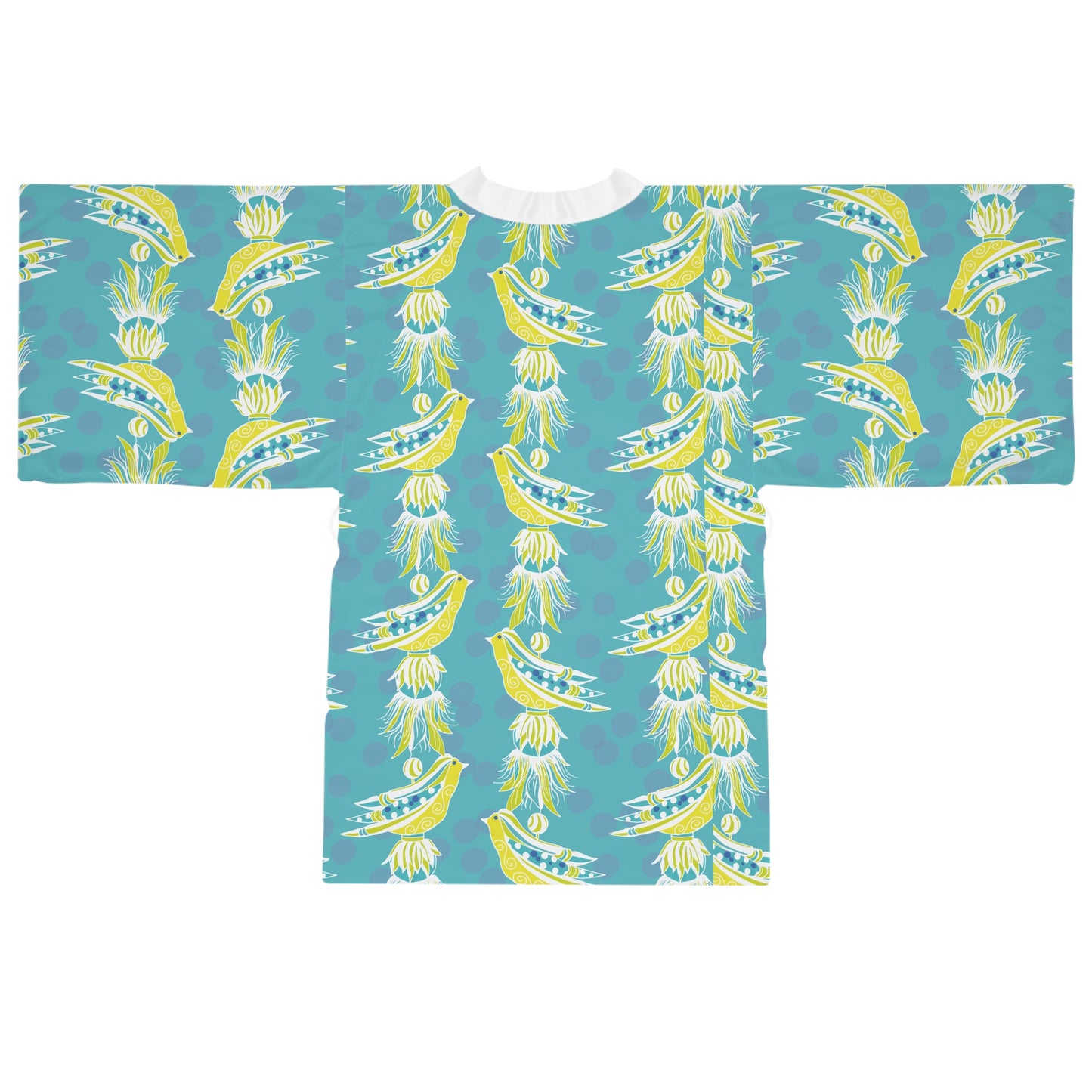 Charming Tassel Bird Print Long Sleeve Kimono Robe in aquas, blues and yellow, Cozy Cover-Up, Summer Lounge Wear, Mother’s Day Gift, Bohemian Style Dressing Gown