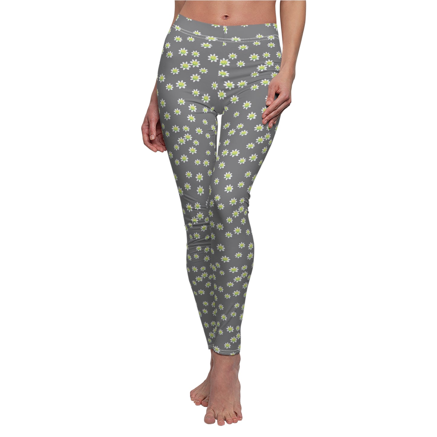 Ditsy Daisy Tennis Ball Women's Leggings — Gray Floral All-Over Print Casual Leggings