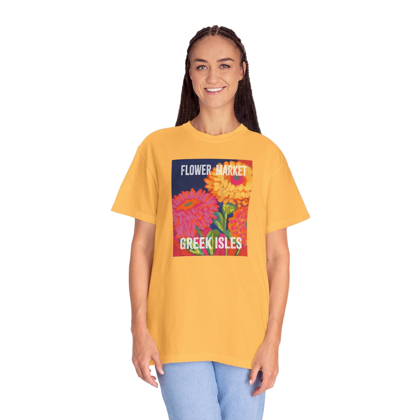 Vibrant Floral Market Tee, Flower Market T-Shirt, Greek Isles Apparel, Gift for Garden Lovers, Summer Wardrobe Essential