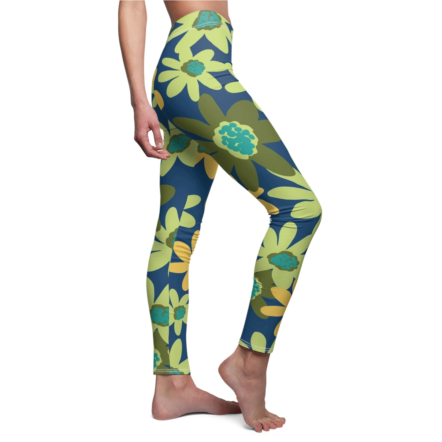 Floral Retro Daisy Leggings — Green & Teal All-Over Print