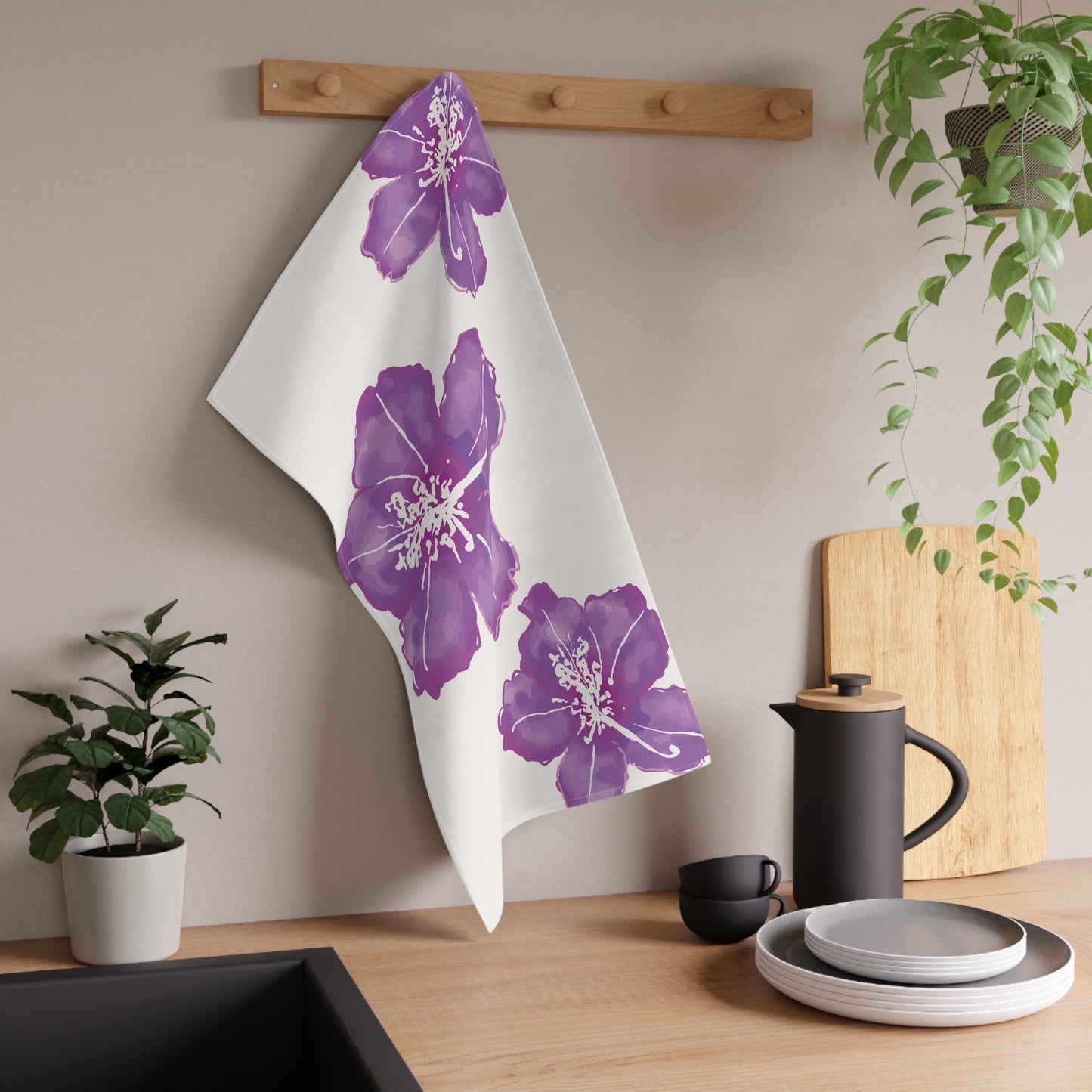 Elegant Purple Plum Azalea Floral Cotton Tea Towels, Kitchen Decor, Gift for Her, Home Cooking, Housewarming, Mother's Day