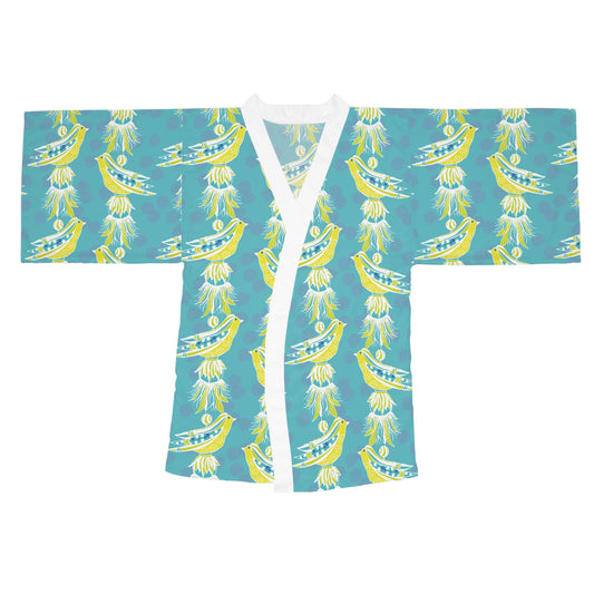 Charming Tassel Bird Print Long Sleeve Kimono Robe in aquas, blues and yellow, Cozy Cover-Up, Summer Lounge Wear, Mother’s Day Gift, Bohemian Style Dressing Gown