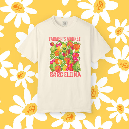 Barcelona Farmers Market T-Shirt | Unisex Garment-Dyed Tee, Cute Summer Style, Gift for Foodies, Market Lover's Apparel, Barcelona Graphic Tee
