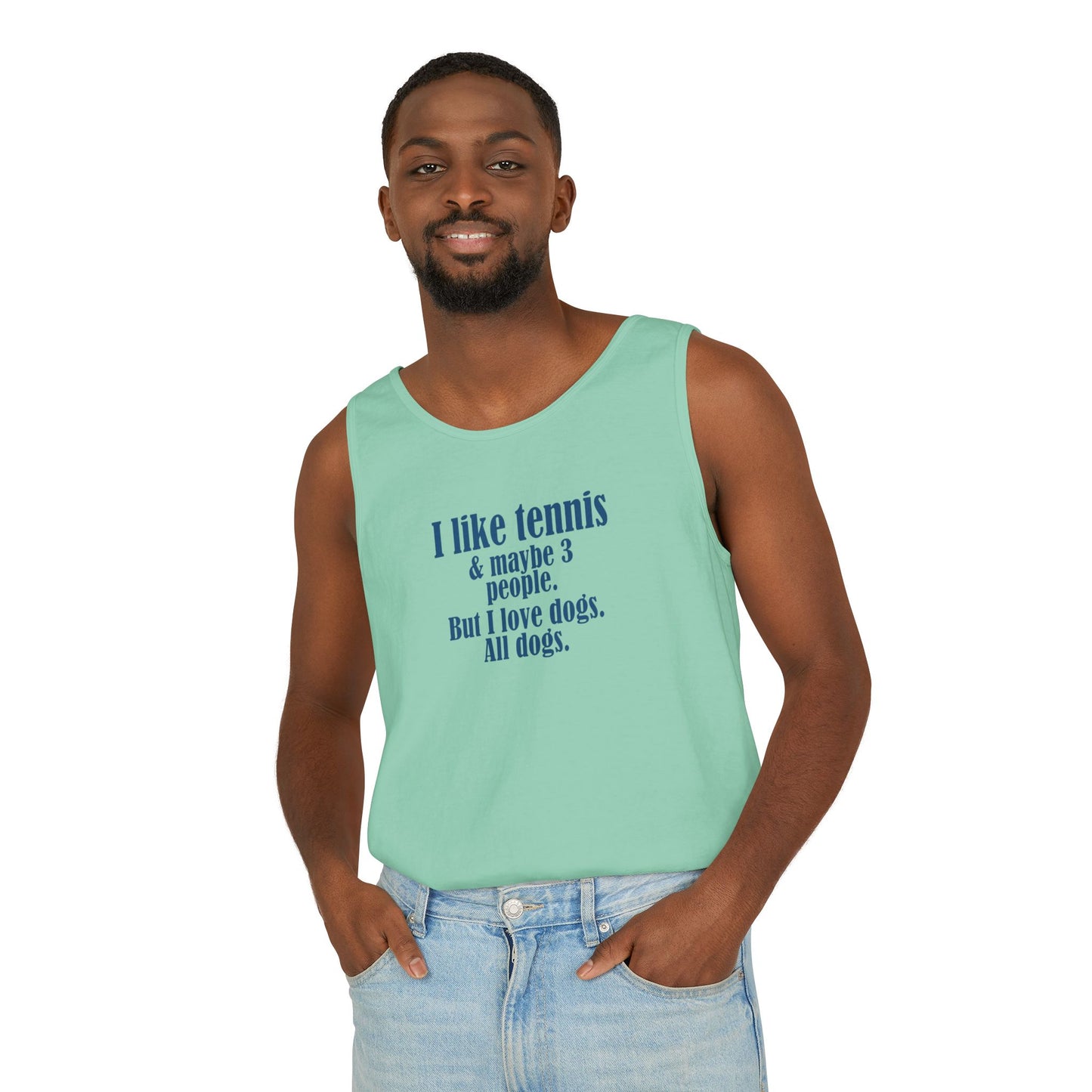 "I like tennis & maybe 3 people. But I love dogs. All Dogs" Dog-Loving Tennis Unisex Tank Top, Casual Summer Wear, Gift for Dog Owners, Funny Summer Tank, Pet Lover Apparel