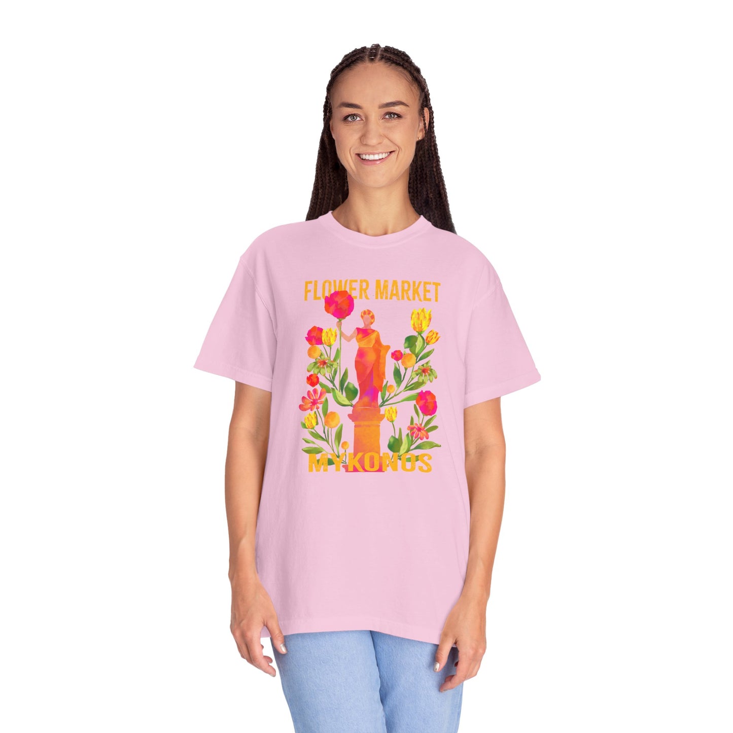 Greek Isle Mykonos Floral Market T-Shirt | Summer Vibes, Eco-Friendly Apparel, Casual Wear, Gift for Her, Bohemian Style