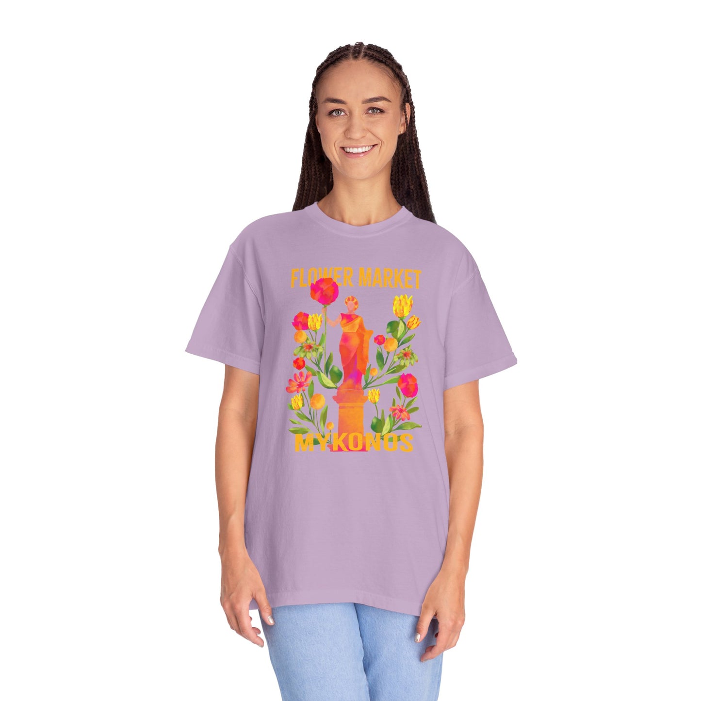 Greek Isle Mykonos Floral Market T-Shirt | Summer Vibes, Eco-Friendly Apparel, Casual Wear, Gift for Her, Bohemian Style