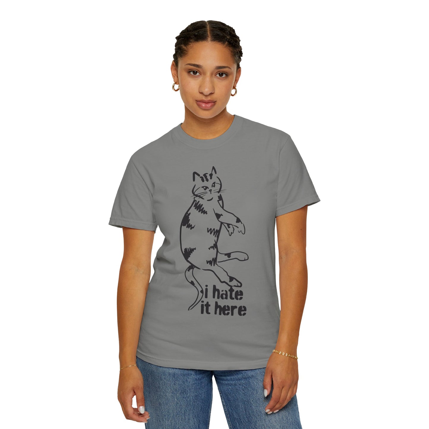 "I hate it here"...Funny Cat T-Shirt Showcasing Cat with Attitude, Halloween, Unisex Tee, Garment-Dyed Shirt, Quirky Cat Lover Gift, Casual Wear, Perfect for Cat Owners