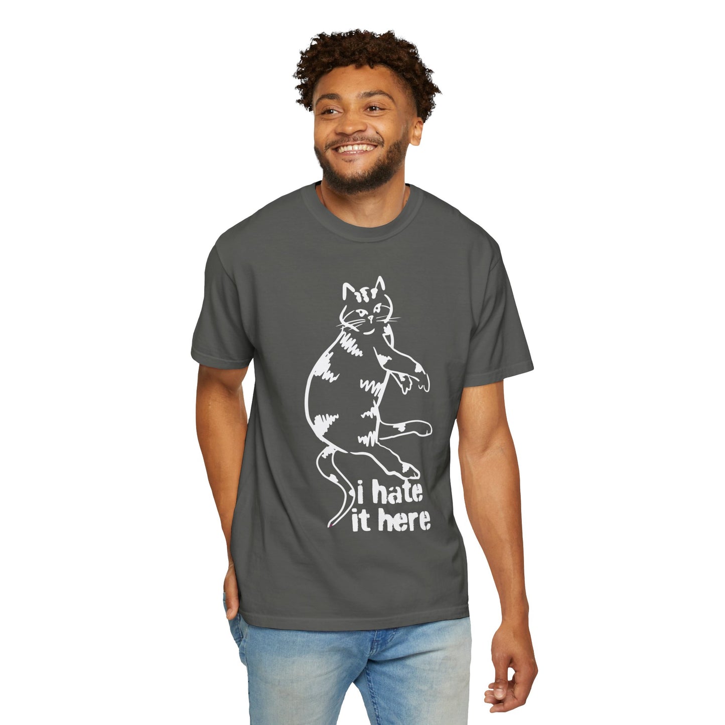"I hate it here"...Funny Cat T-Shirt Showcasing Cat with Attitude, Halloween, Unisex Tee, Garment-Dyed Shirt, Quirky Cat Lover Gift, Casual Wear, Perfect for Cat Owners