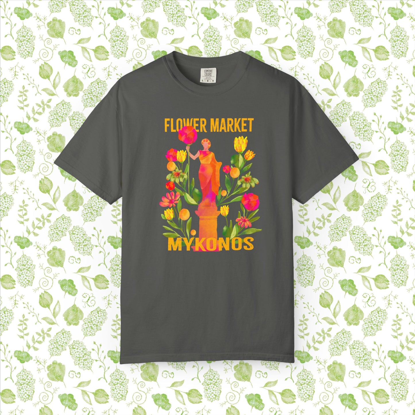 Greek Isle Mykonos Floral Market T-Shirt | Summer Vibes, Eco-Friendly Apparel, Casual Wear, Gift for Her, Bohemian Style