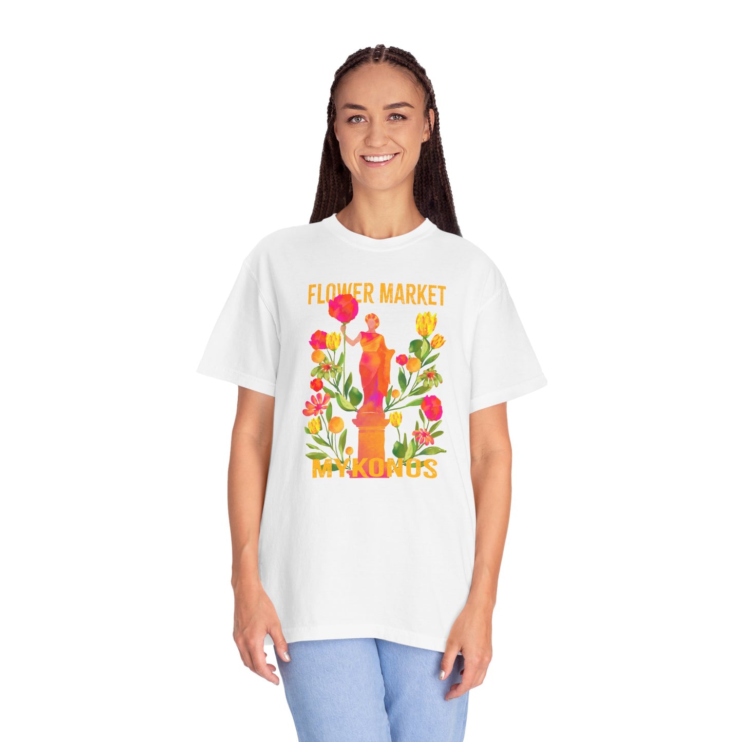 Greek Isle Mykonos Floral Market T-Shirt | Summer Vibes, Eco-Friendly Apparel, Casual Wear, Gift for Her, Bohemian Style