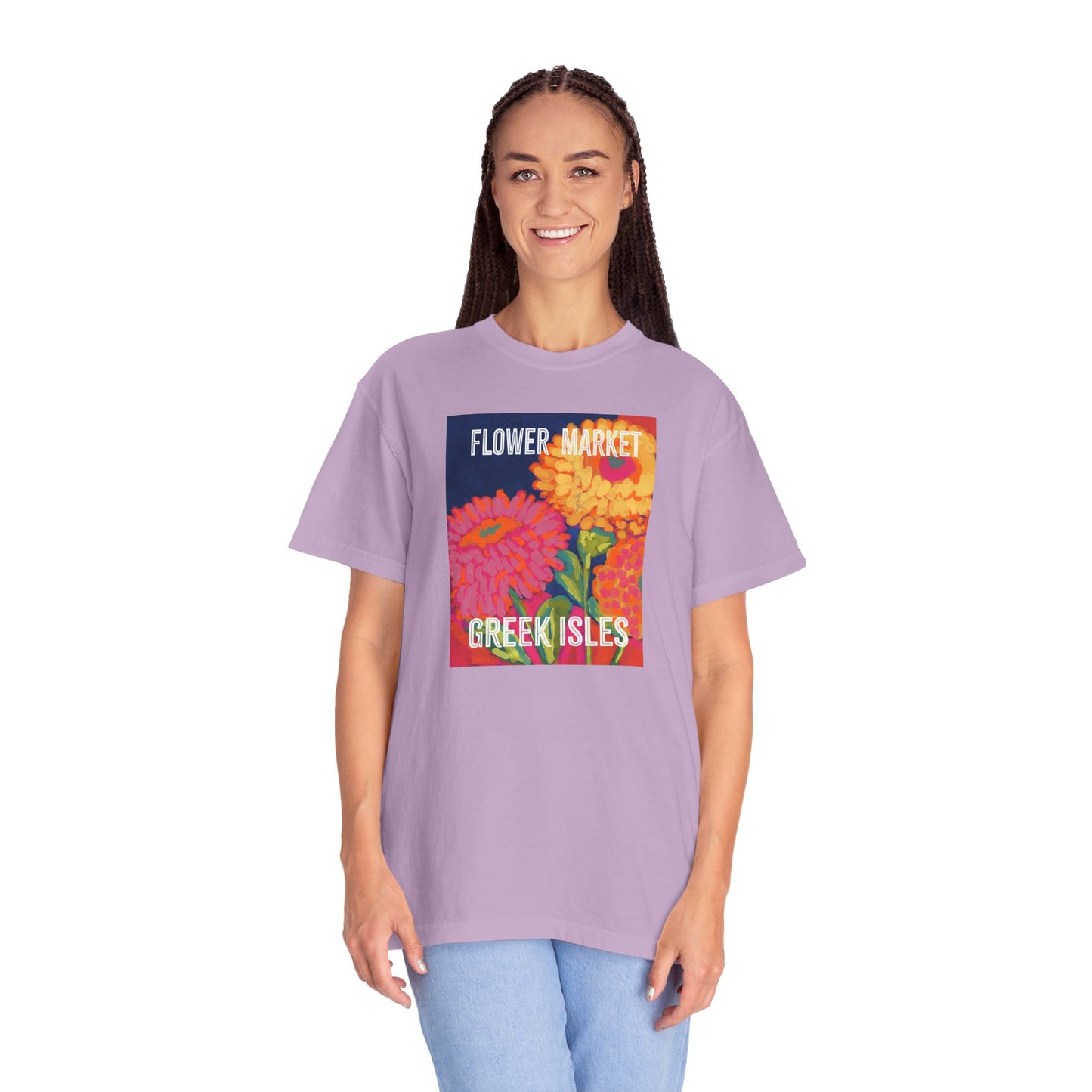 Vibrant Floral Market Tee, Flower Market T-Shirt, Greek Isles Apparel, Gift for Garden Lovers, Summer Wardrobe Essential
