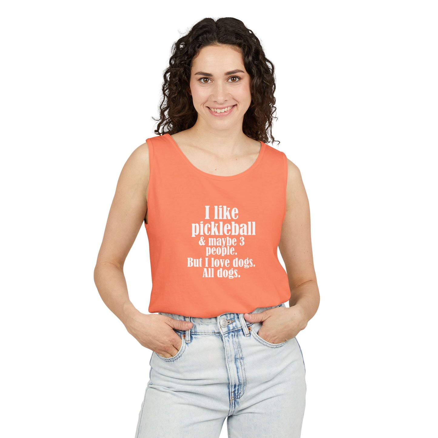 "I love pickleball and maybe three people, but I love all dogs. Pickleball Love Tank Top | Unisex Garment-Dyed Tee, Funny Sports Shirt, Gift for Pickleball Players, Summer Essential, Dog Lovers Apparel