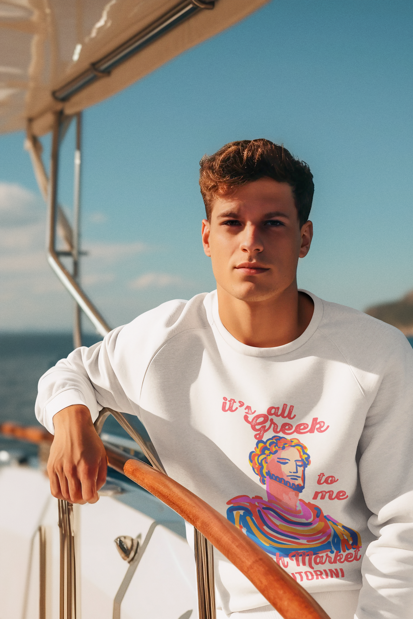 Fresh Market Greek-Inspired Fleece Sweatshirt, Cozy Gift for Travelers, Santorini Crewneck, Unique Graphic Apparel, Perfect for Holidays, Casual Wear