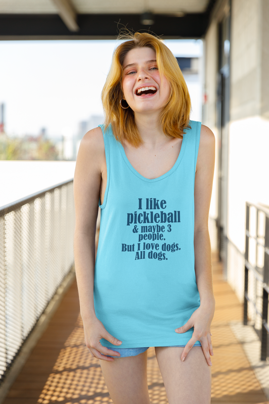"I love pickleball and maybe three people, but I love all dogs. Pickleball Love Tank Top | Unisex Garment-Dyed Tee, Funny Sports Shirt, Gift for Pickleball Players, Summer Essential, Dog Lovers Apparel