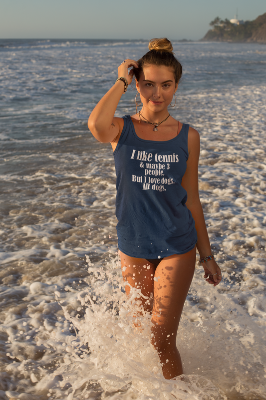 "I like tennis & maybe 3 people. But I love dogs. All Dogs" Dog-Loving Tennis Unisex Tank Top, Casual Summer Wear, Gift for Dog Owners, Funny Summer Tank, Pet Lover Apparel