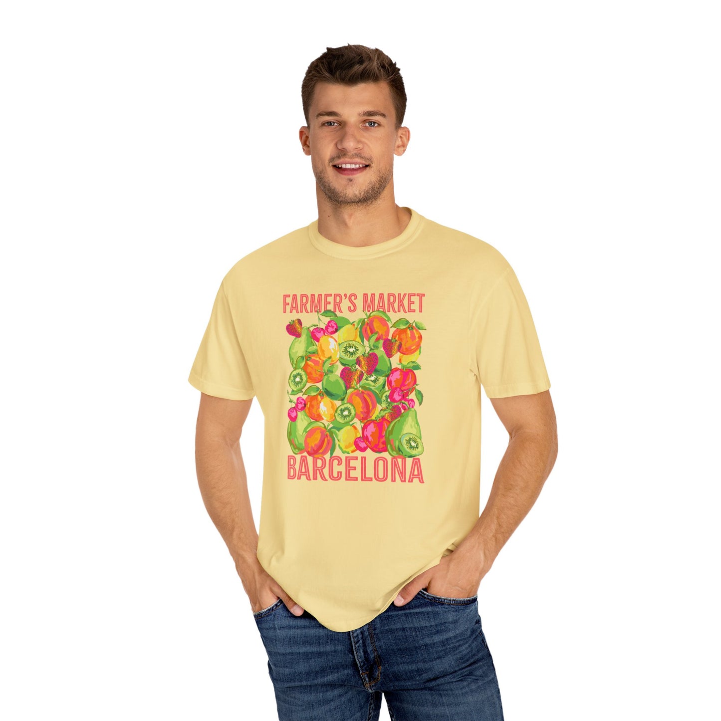 Barcelona Farmers Market T-Shirt | Unisex Garment-Dyed Tee, Cute Summer Style, Gift for Foodies, Market Lover's Apparel, Barcelona Graphic Tee