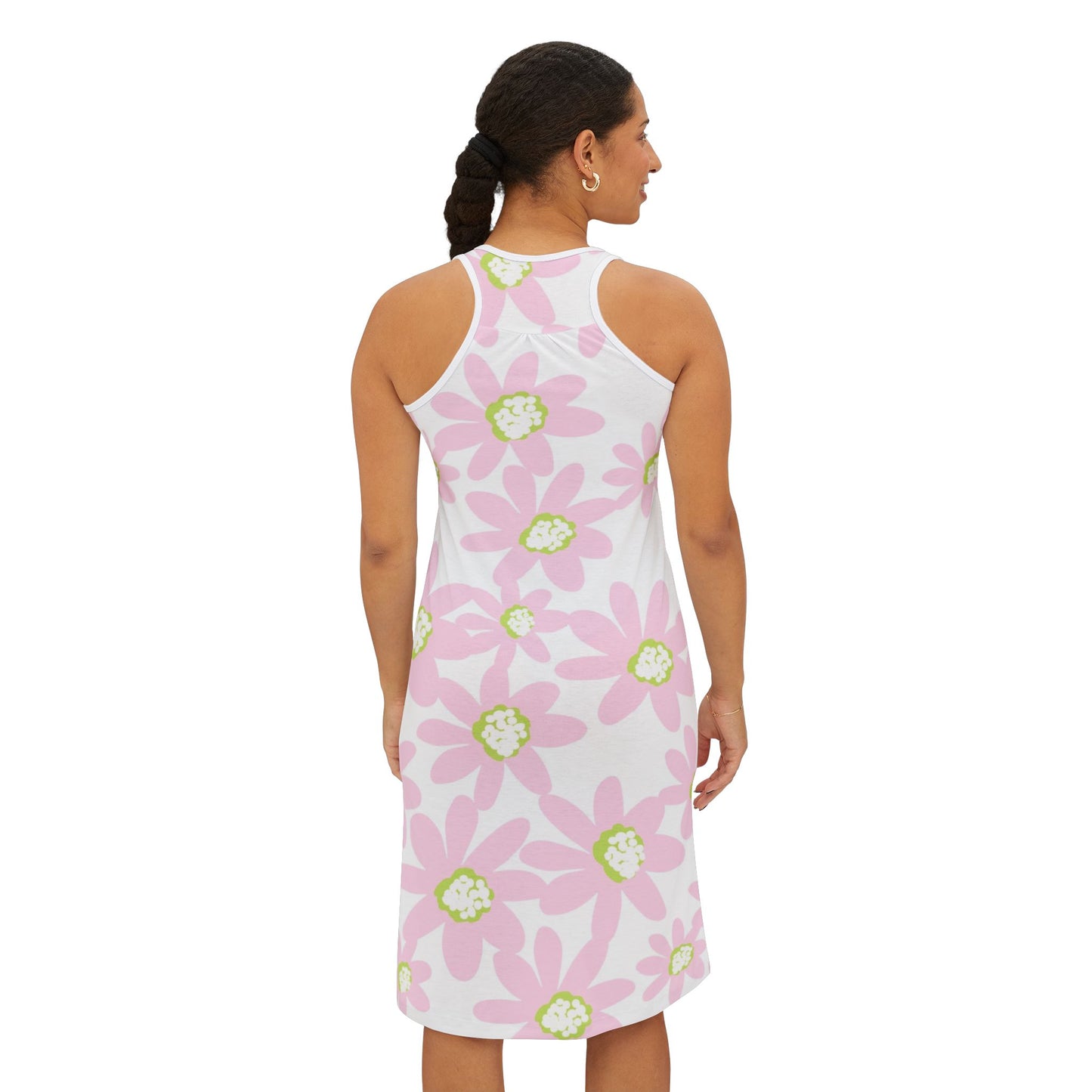 Light Pink Daisy Retro Floral Women's Racerback Dress, Summer Dress, Beachwear, Casual Dress, Vacation Outfit, Spring Fashion, Floral Print Dress