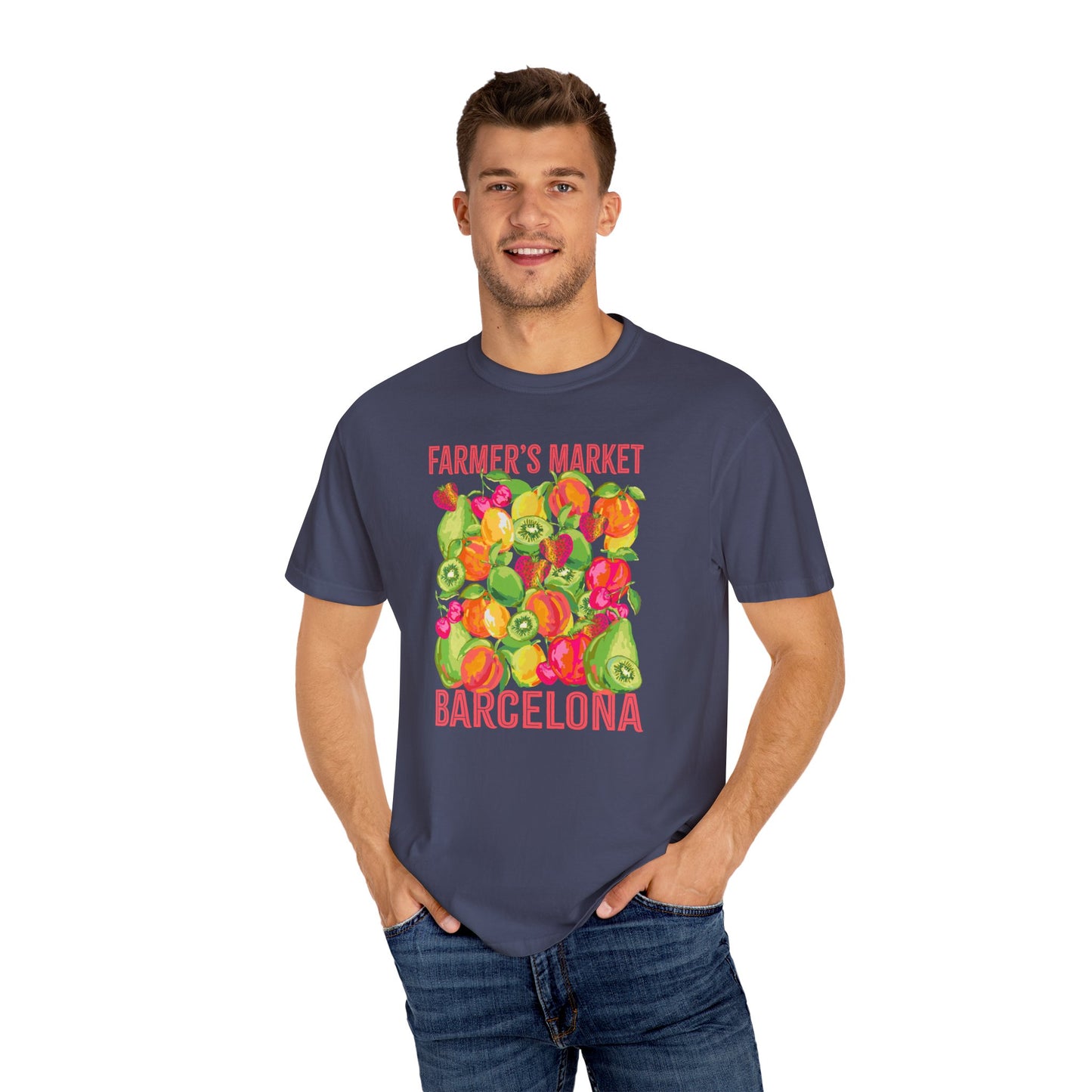 Barcelona Farmers Market T-Shirt | Unisex Garment-Dyed Tee, Cute Summer Style, Gift for Foodies, Market Lover's Apparel, Barcelona Graphic Tee