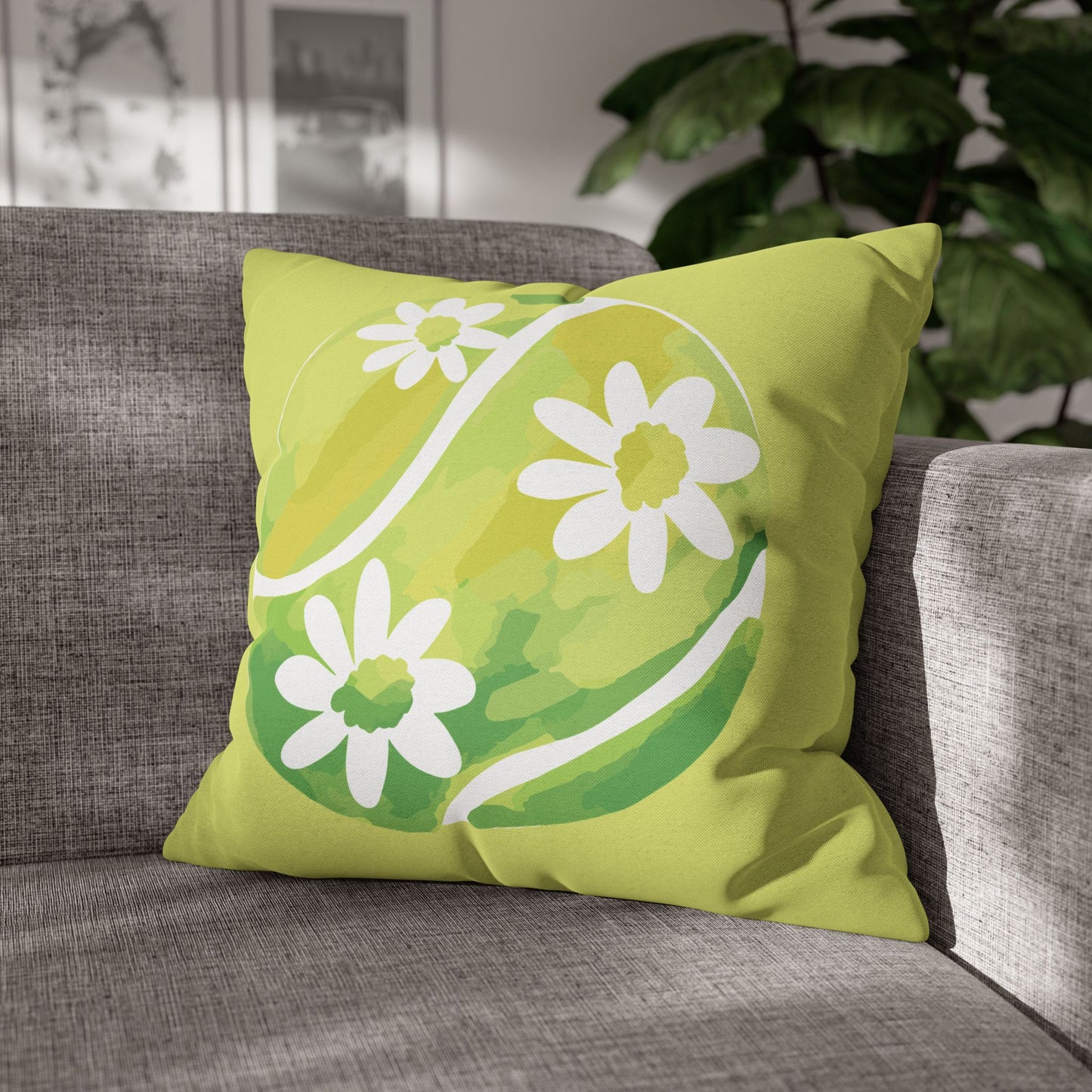 Tennis Ball Daisy Spring Floral Square Pillowcase - Decorative Cushion, Home Decor, Couch Pillow, Gift for Her, Green Leaves Design