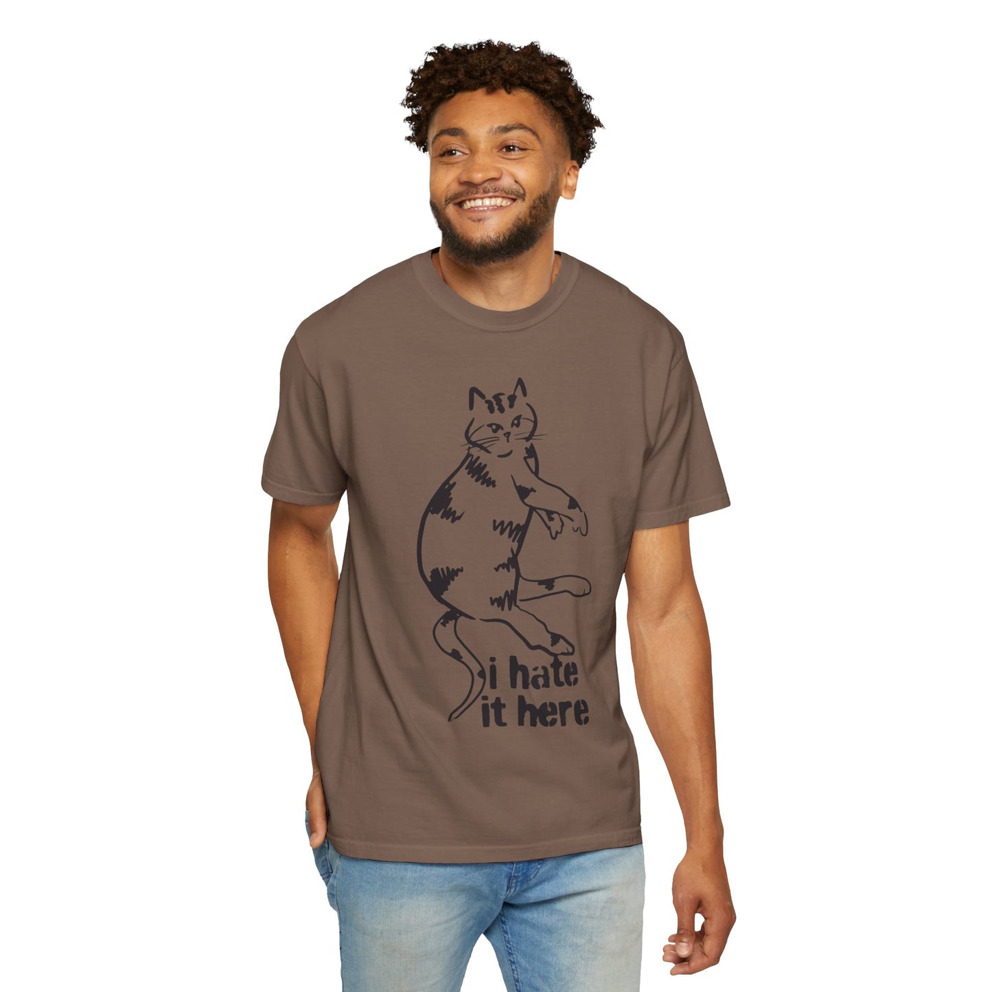 "I hate it here"...Funny Cat T-Shirt Showcasing Cat with Attitude, Halloween, Unisex Tee, Garment-Dyed Shirt, Quirky Cat Lover Gift, Casual Wear, Perfect for Cat Owners
