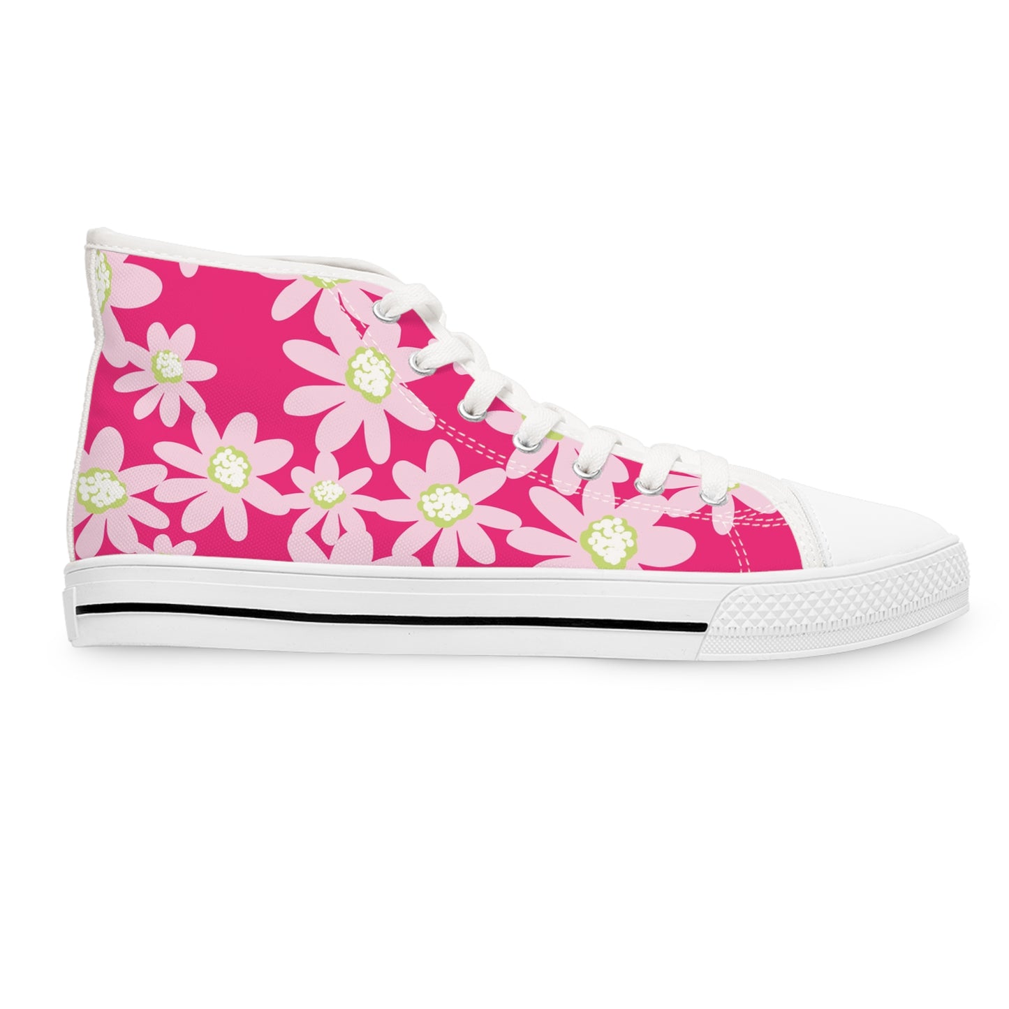 Bright Pink Daisy Floral Women’s High Top Sneakers | Trendy Spring Footwear, Casual Shoes, Unique Gifts, Summer Vibes, Festival Style