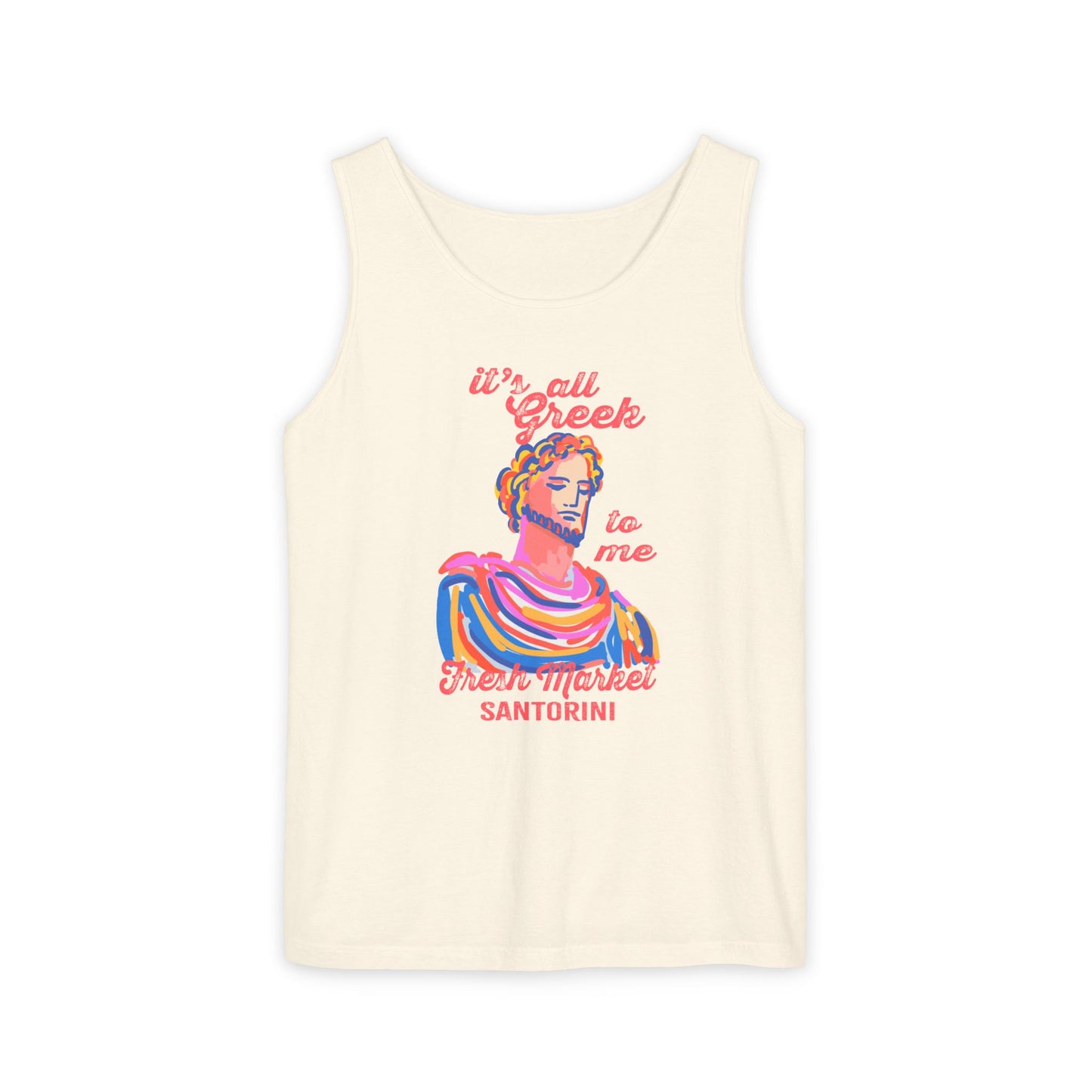 It's All Greek to Me! Santorini-Inspired Fresh Market Unisex Tank Top, Casual Summer Wear, Beach Vibes, Travel Souvenir, Gift for Her, Vacation Apparel
