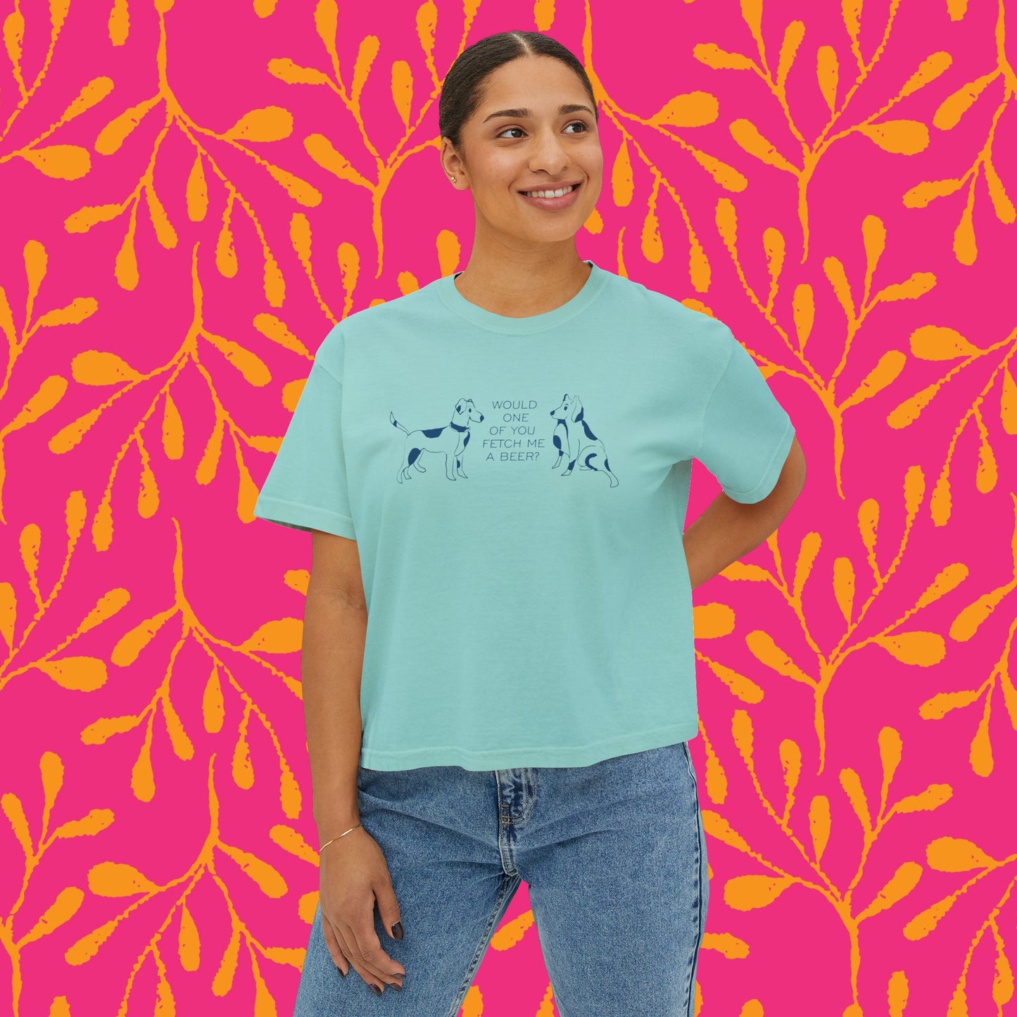 FETCH ME A BEER! Playful Dog Lover's Boxy Tee, Cute Dog Graphic T-Shirt, Women's Casual Shirt, Gift for Pet Owners, Animal Lover's Apparel