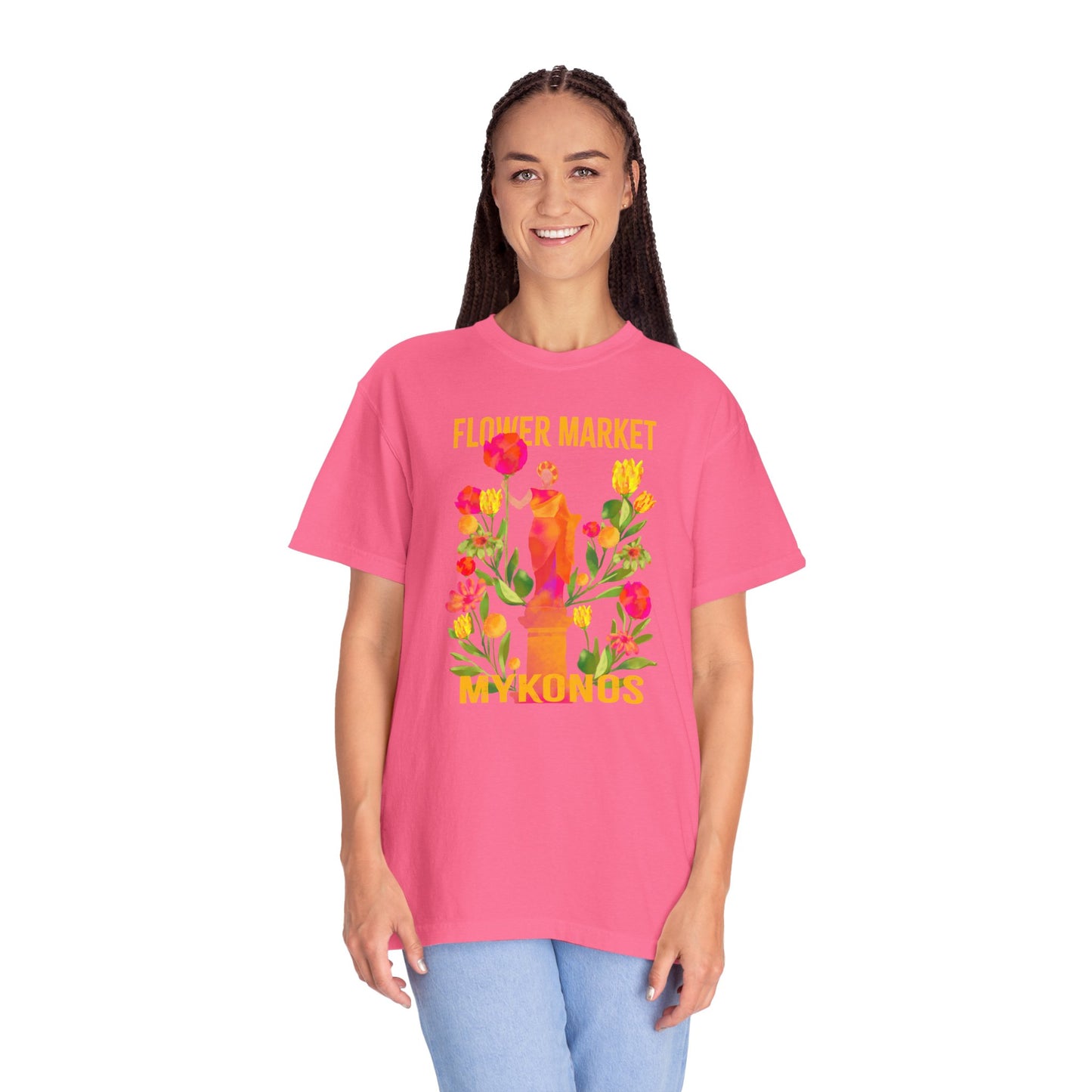 Greek Isle Mykonos Floral Market T-Shirt | Summer Vibes, Eco-Friendly Apparel, Casual Wear, Gift for Her, Bohemian Style
