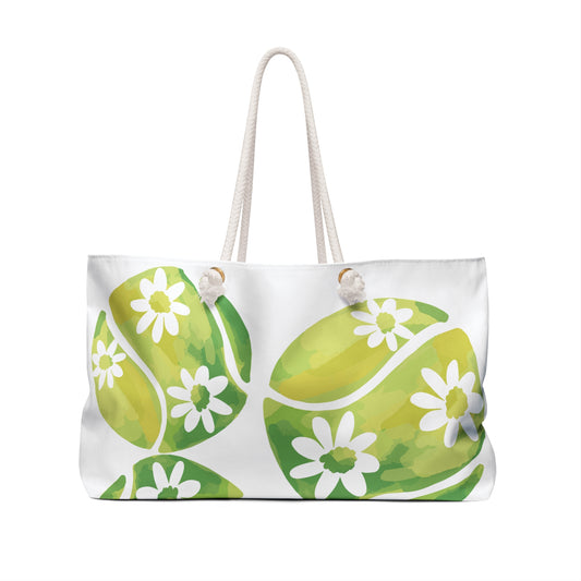Floral Tennis Weekender Bag - Green Leaf and Daisy Travel Tote, Overnight Bag, Weekend Getaway, Beach Bag, Eco-Friendly Style
