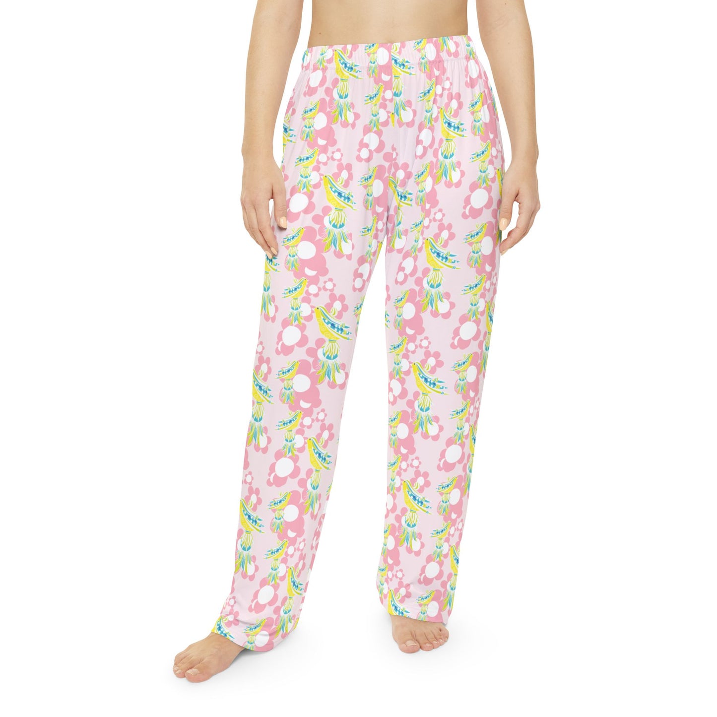Pink Daisy Tassel Bird Floral Pattered Women's Pajama Pants, Cozy Sleepwear, Lightweight Lounge Pants, Gift for Her, Summer Sleep Shorts