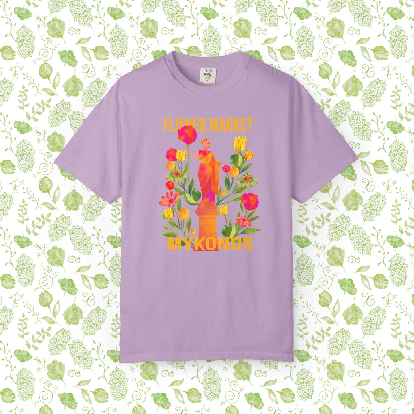Greek Isle Mykonos Floral Market T-Shirt | Summer Vibes, Eco-Friendly Apparel, Casual Wear, Gift for Her, Bohemian Style