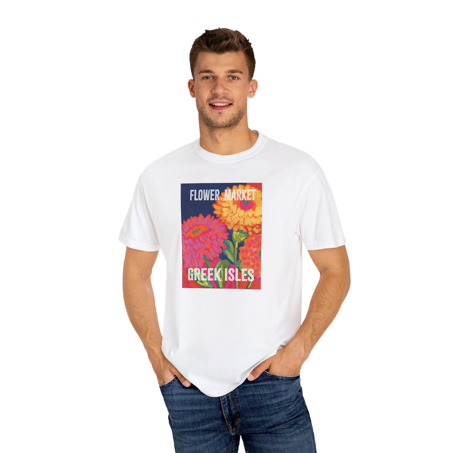 Vibrant Floral Market Tee, Flower Market T-Shirt, Greek Isles Apparel, Gift for Garden Lovers, Summer Wardrobe Essential