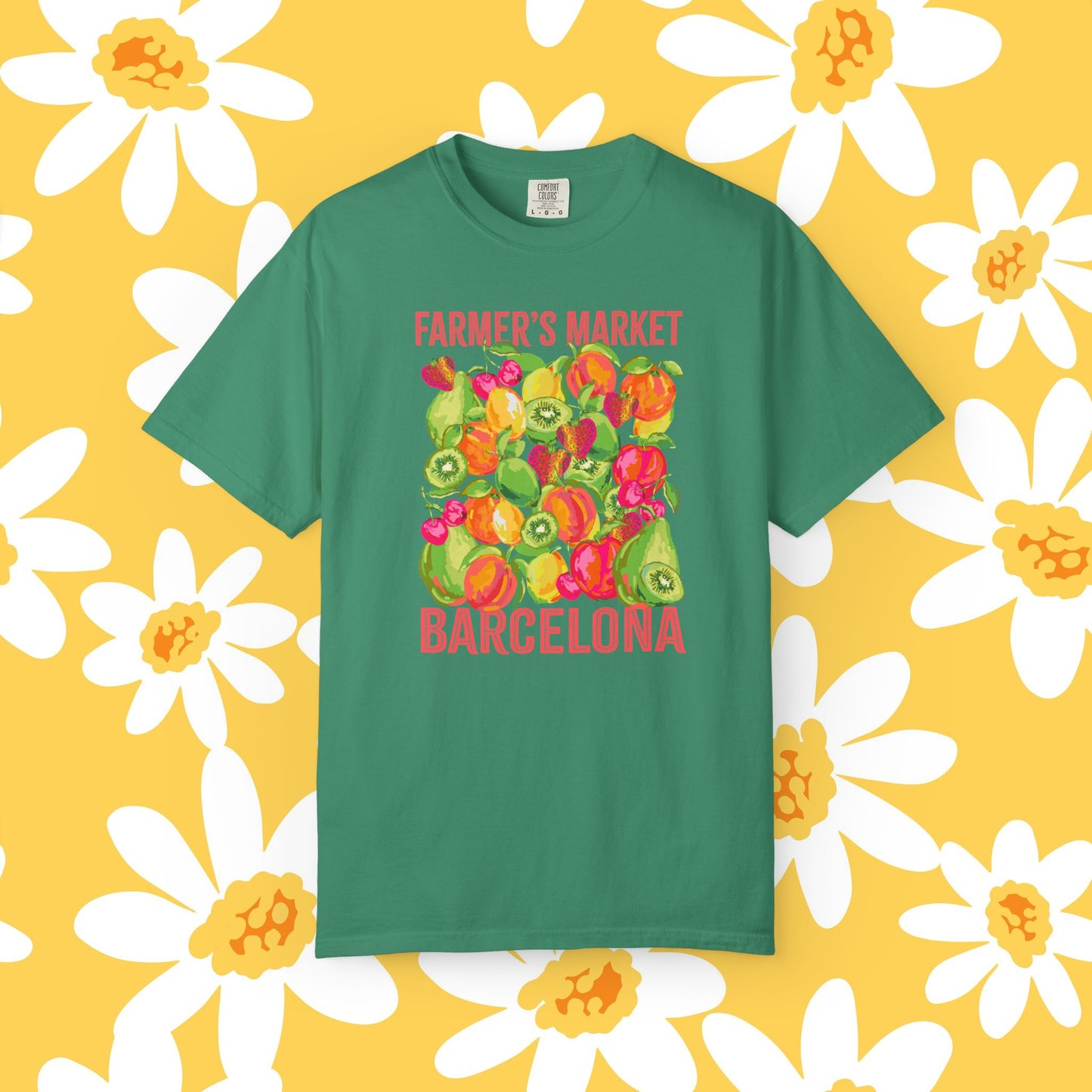 Barcelona Farmers Market T-Shirt | Unisex Garment-Dyed Tee, Cute Summer Style, Gift for Foodies, Market Lover's Apparel, Barcelona Graphic Tee