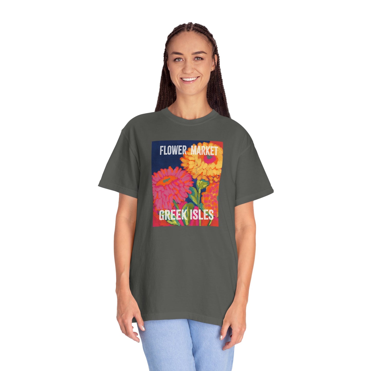 Vibrant Floral Market Tee, Flower Market T-Shirt, Greek Isles Apparel, Gift for Garden Lovers, Summer Wardrobe Essential