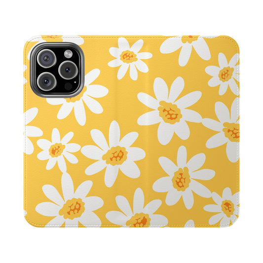Cheerful Floral Flip Case for Phone, Yellow Daisy Wallet, Spring Gift, Cute Phone Cover, Mother's Day, Floral Design, Eco-Friendly