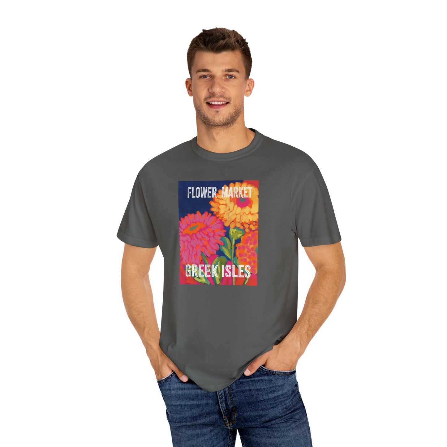 Vibrant Floral Market Tee, Flower Market T-Shirt, Greek Isles Apparel, Gift for Garden Lovers, Summer Wardrobe Essential
