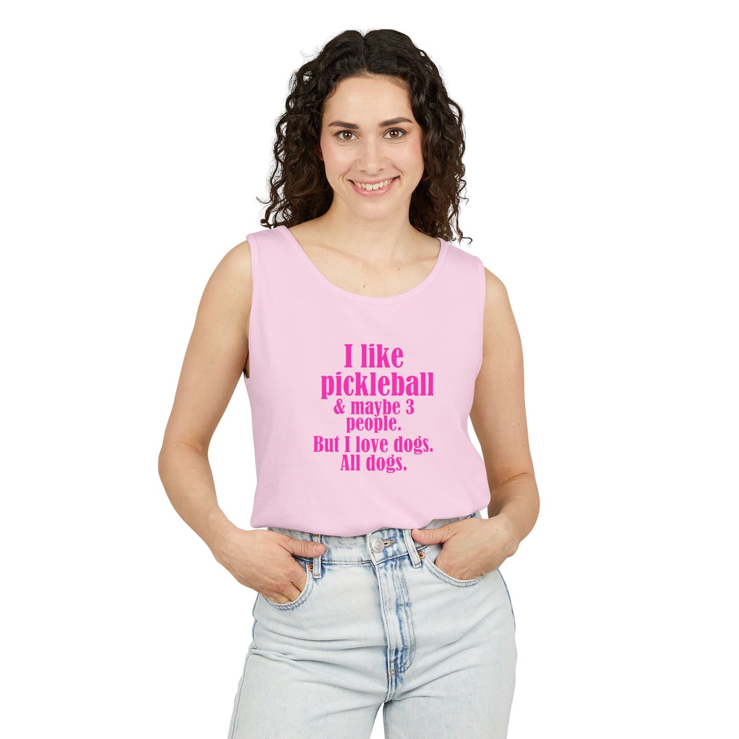 "I love pickleball and maybe three people, but I love all dogs. Pickleball Love Tank Top | Unisex Garment-Dyed Tee, Funny Sports Shirt, Gift for Pickleball Players, Summer Essential, Dog Lovers Apparel