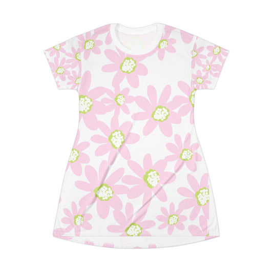 Pink Daisy Floral T-Shirt Dress, Casual Summer Dress, Comfy Lounge Dress, Boho Style, Festival Outfit, Cute Everyday Wear, Gift for Her