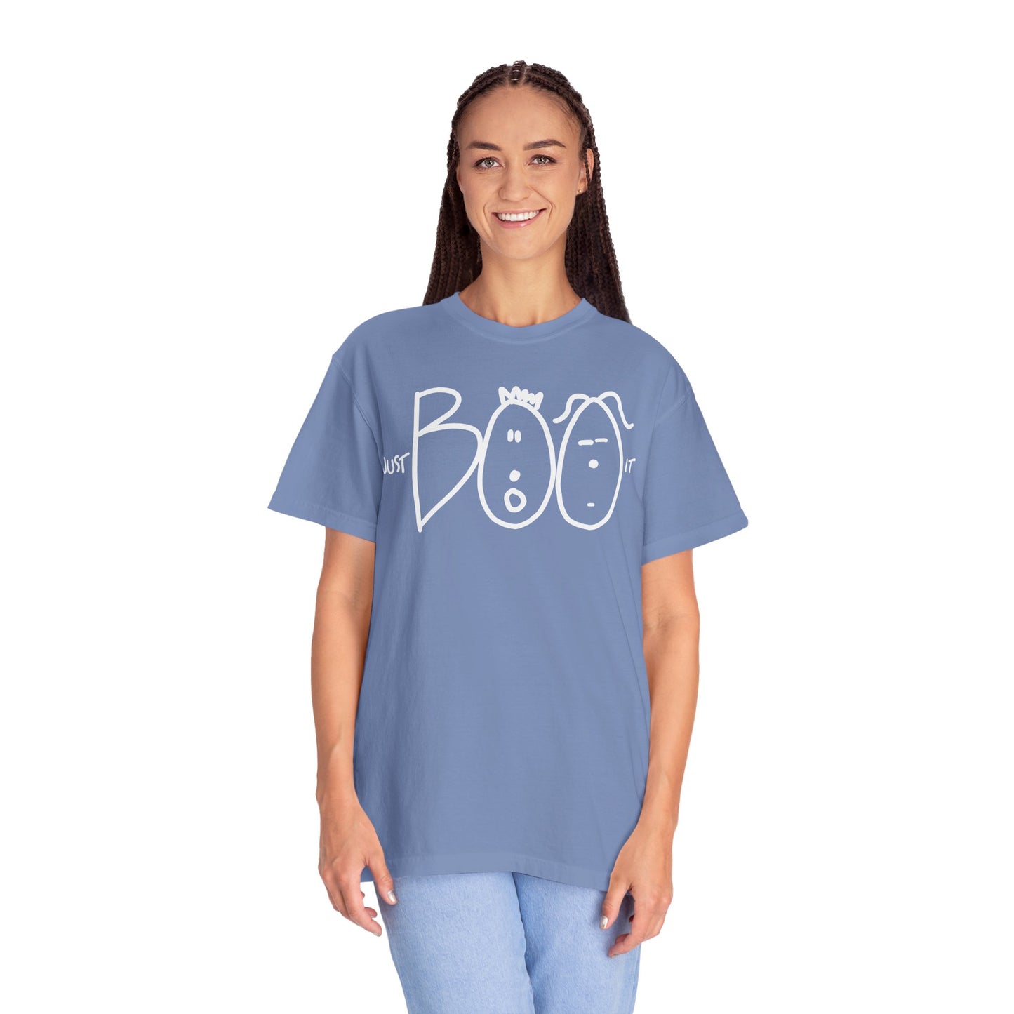 JUST BOO IT....Spooky Unisex Garment-Dyed T-shirt, Halloween Tee, Trendy Graphic Tee, Funny Costume Top, Holiday Apparel, Party Wear
