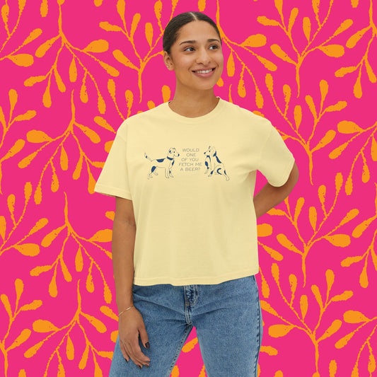 FETCH ME A BEER! Playful Dog Lover's Boxy Tee, Cute Dog Graphic T-Shirt, Women's Casual Shirt, Gift for Pet Owners, Animal Lover's Apparel