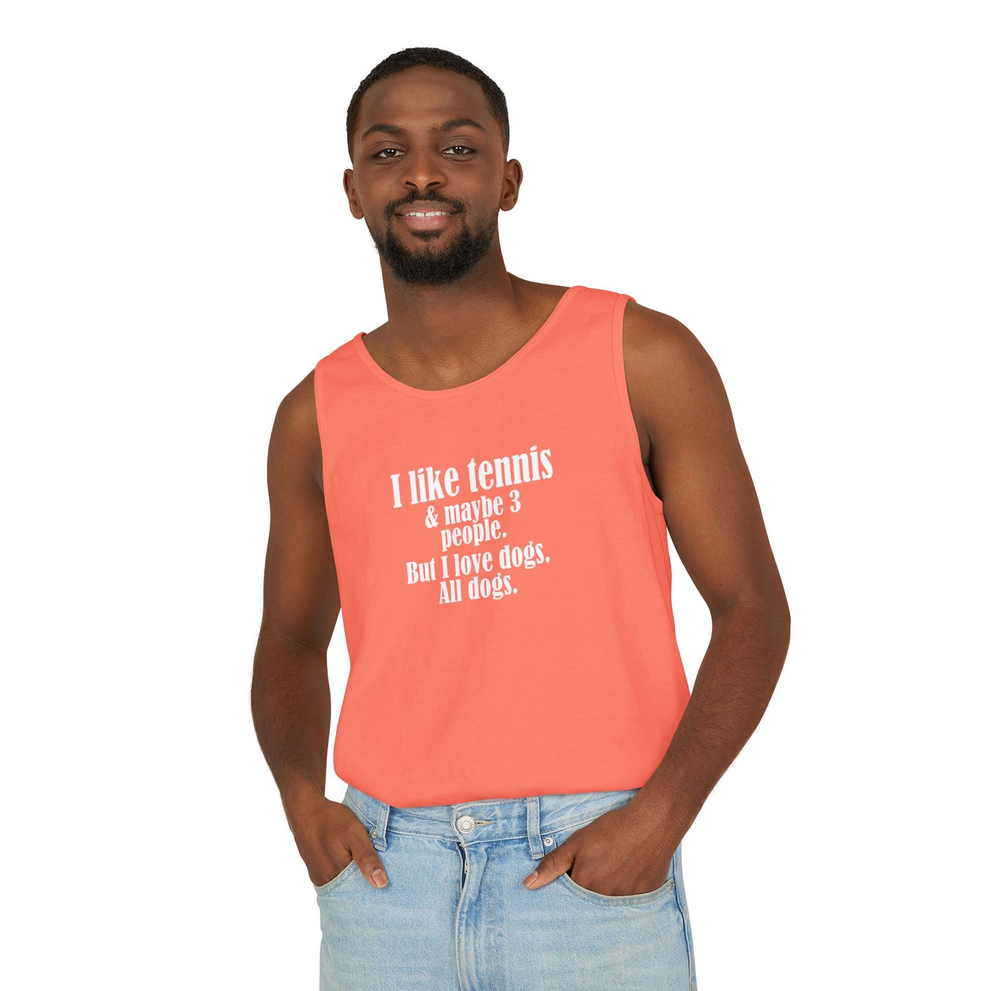 "I like tennis & maybe 3 people. But I love dogs. All Dogs" Dog-Loving Tennis Unisex Tank Top, Casual Summer Wear, Gift for Dog Owners, Funny Summer Tank, Pet Lover Apparel