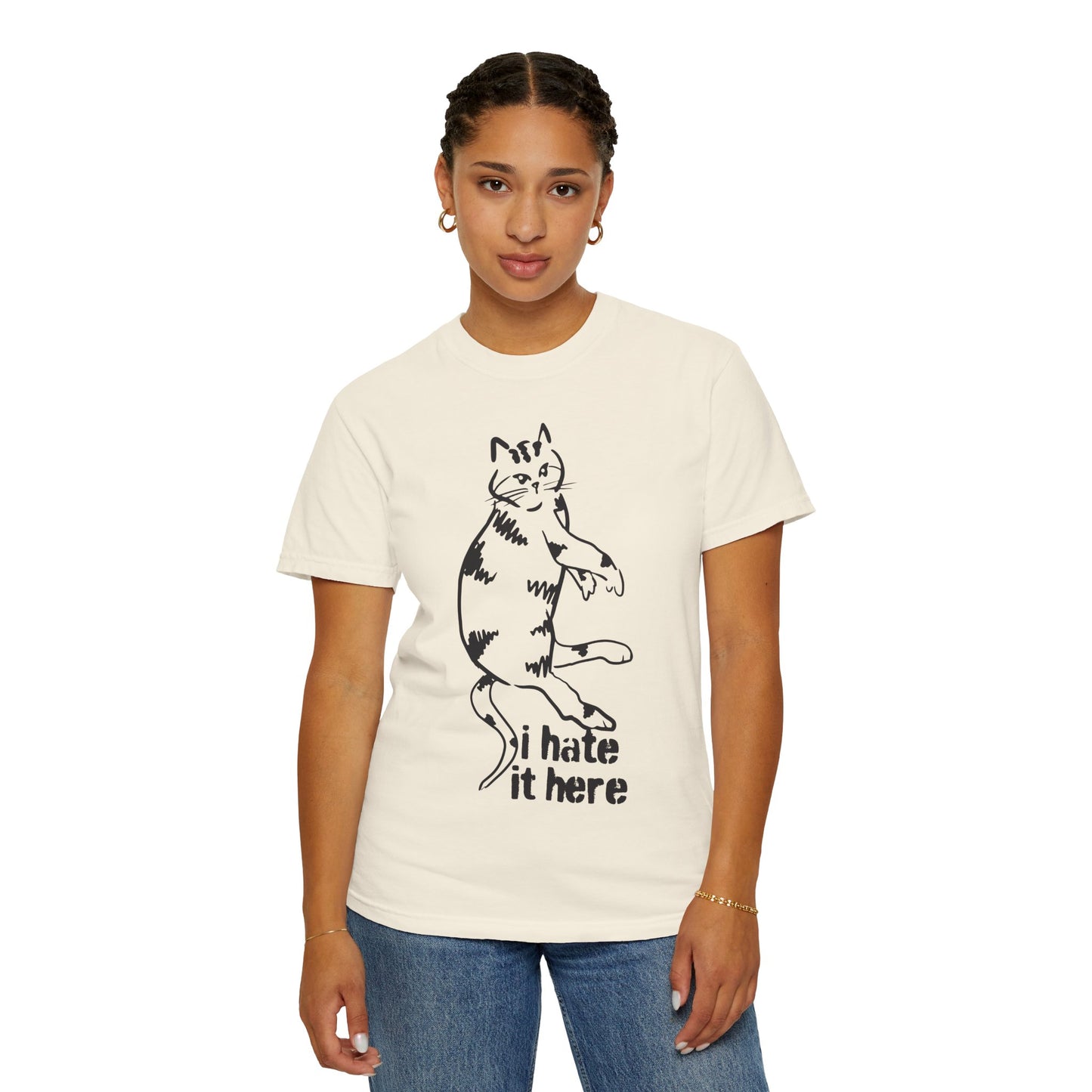 "I hate it here"...Funny Cat T-Shirt Showcasing Cat with Attitude, Halloween, Unisex Tee, Garment-Dyed Shirt, Quirky Cat Lover Gift, Casual Wear, Perfect for Cat Owners