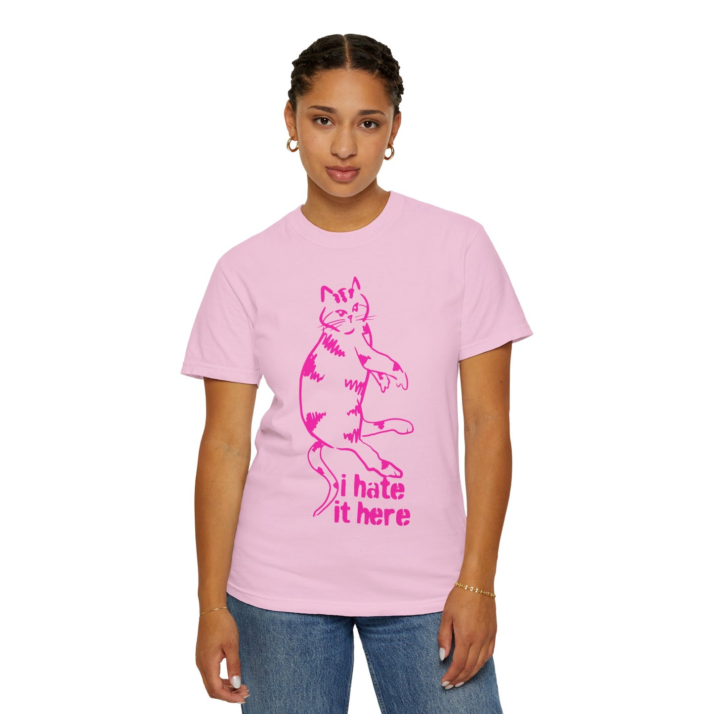 "I hate it here"...Funny Cat T-Shirt Showcasing Cat with Attitude, Halloween, Unisex Tee, Garment-Dyed Shirt, Quirky Cat Lover Gift, Casual Wear, Perfect for Cat Owners