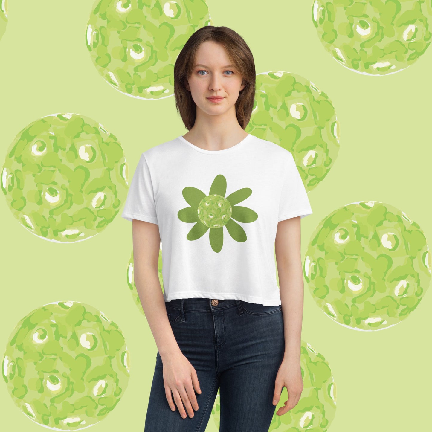Green Pickleball Floral Women's Flowy Cropped Tee, Casual Summer Top, Cute Flower Shirt, Trendy Graphic Tee, Gift for Her, Spring Fashion
