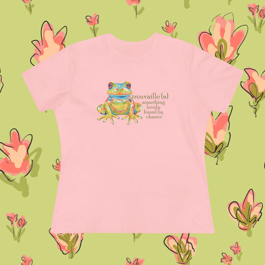 "Trouvaille" Something Lovely Found by Chance French Frog Tee — Women's Cotton T‑Shirt with Colorful Frog Art