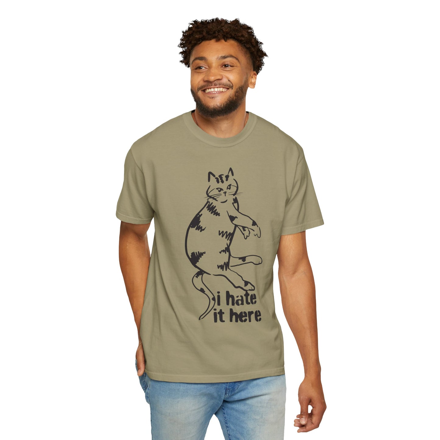 "I hate it here"...Funny Cat T-Shirt Showcasing Cat with Attitude, Halloween, Unisex Tee, Garment-Dyed Shirt, Quirky Cat Lover Gift, Casual Wear, Perfect for Cat Owners