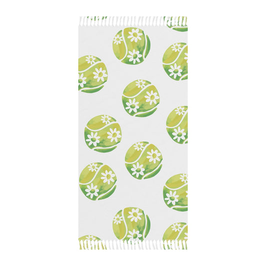 Boho Floral Beach Towel – Green Daisy Tennis Ball Pattern, Lightweight Fringe Turkish Towel